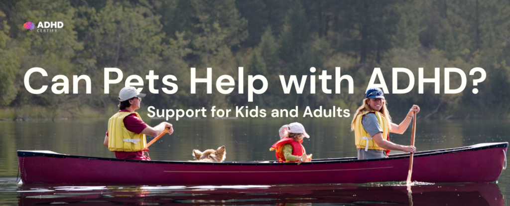young family on a boat in the lake - pets helping adhd